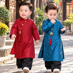 Áo dài bé trai 2 màu đỏ xanh + vải lụa cao cấp mềm mại - đứng dáng - nam tính cho bé mặc lễ tết - tặng kèm charm 2