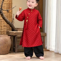 Áo dài bé trai 2 màu đỏ xanh + vải lụa cao cấp mềm mại - đứng dáng - nam tính cho bé mặc lễ tết - tặng kèm charm 3