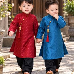Áo dài bé trai 2 màu đỏ xanh + vải lụa cao cấp mềm mại - đứng dáng - nam tính cho bé mặc lễ tết - tặng kèm charm 7