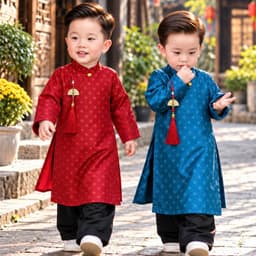 Áo dài bé trai 2 màu đỏ xanh + vải lụa cao cấp mềm mại - đứng dáng - nam tính cho bé mặc lễ tết - tặng kèm charm 1