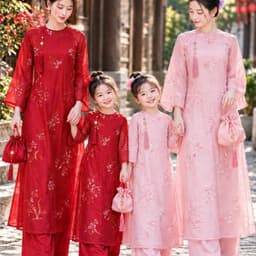 Áo dài mẹ bé màu hồng - chất liệu tơ vân hoa cao cấp - thiết kế nhẹ nhàng - sang trọng - mẫu mới 2027 2