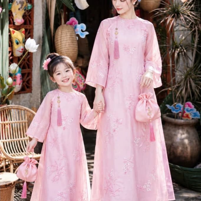 Áo dài mẹ bé màu hồng - chất liệu tơ vân hoa cao cấp - thiết kế nhẹ nhàng - sang trọng - mẫu mới 2027