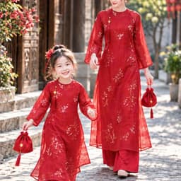 Áo dài mẹ bé màu đỏ - chất liệu tơ vân hoa cao cấp - nhẹ nhàng - sang trọng - tặng kèm charm - mẫu mới 2027 4