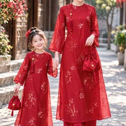 Áo dài mẹ bé màu đỏ - chất liệu tơ vân hoa cao cấp - nhẹ nhàng - sang trọng - tặng kèm charm - mẫu mới 2027 3