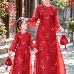 Áo dài mẹ bé màu đỏ - chất liệu tơ vân hoa cao cấp - nhẹ nhàng - sang trọng - tặng kèm charm - mẫu mới 2027 1