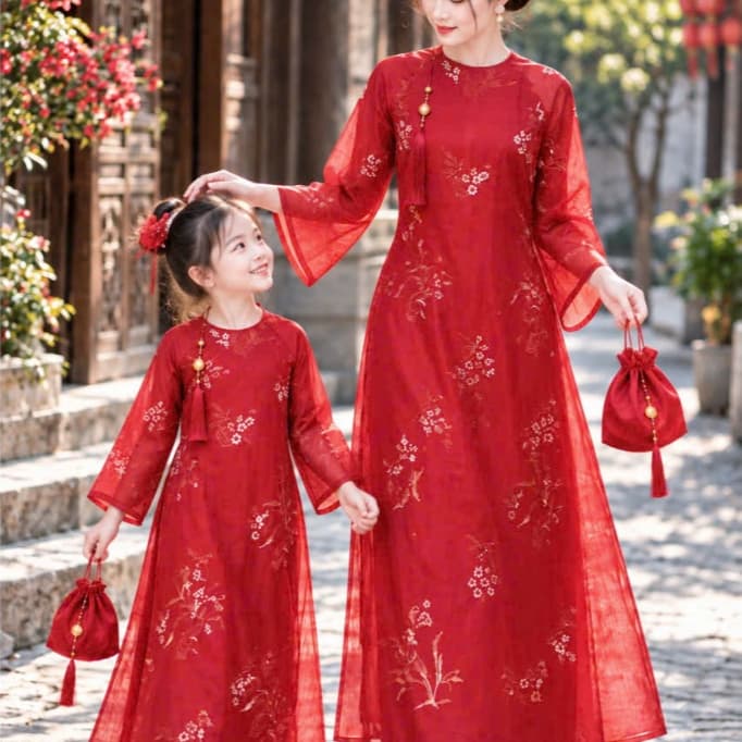 Áo dài mẹ bé màu đỏ - chất liệu tơ vân hoa cao cấp - nhẹ nhàng - sang trọng - tặng kèm charm - mẫu mới 2027