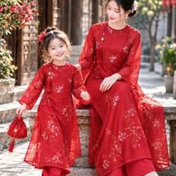Áo dài mẹ bé màu đỏ - chất liệu tơ vân hoa cao cấp - nhẹ nhàng - sang trọng - tặng kèm charm - mẫu mới 2027 2