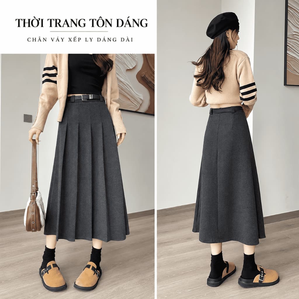 🌷 CHÂN VÁY DẠ XẾP LY DÁNG DÀI HÀN QUỐC – THANH LỊCH, TÔN DÁNG, THỜI TRANG THU ĐÔNG