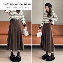 🌷 Chân Váy Dạ Xếp Ly Dáng Dài Hàn Quốc, Chân Váy Dạ Xòe Xếp Ly Bản Lớn Phong Cách Vintage Thu Đông Nữ 1
