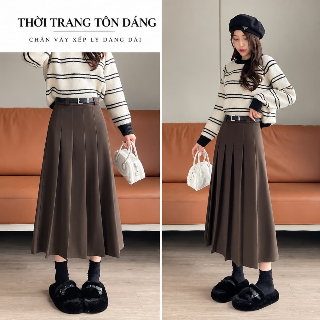 🌷 Chân Váy Dạ Xếp Ly Dáng Dài Hàn Quốc, Chân Váy Dạ Xòe Xếp Ly Bản Lớn Phong Cách Vintage Thu Đông Nữ