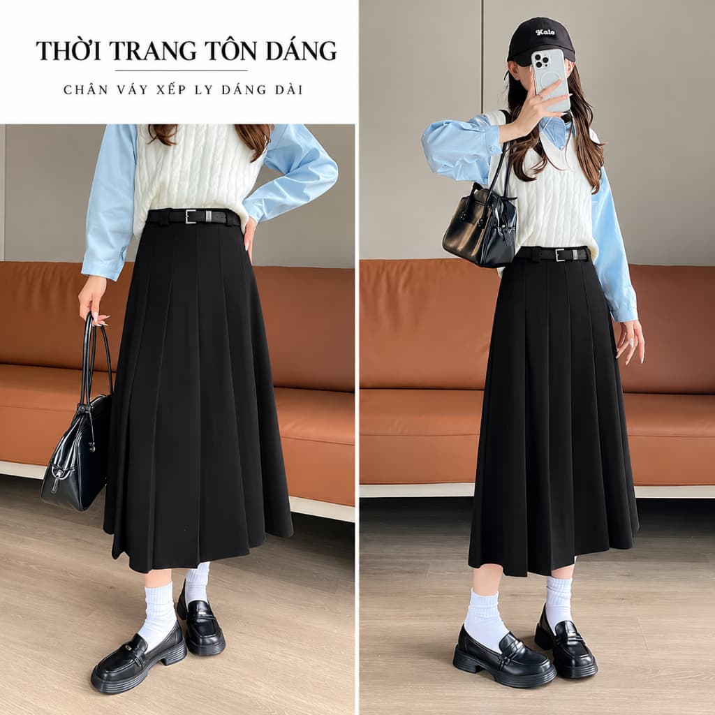 🌷 Chân Váy Dạ Xếp Ly Dáng Dài Nữ Phong Cách Hàn Quốc Vintage Thanh Lịch Dễ Phối Đồ #6655