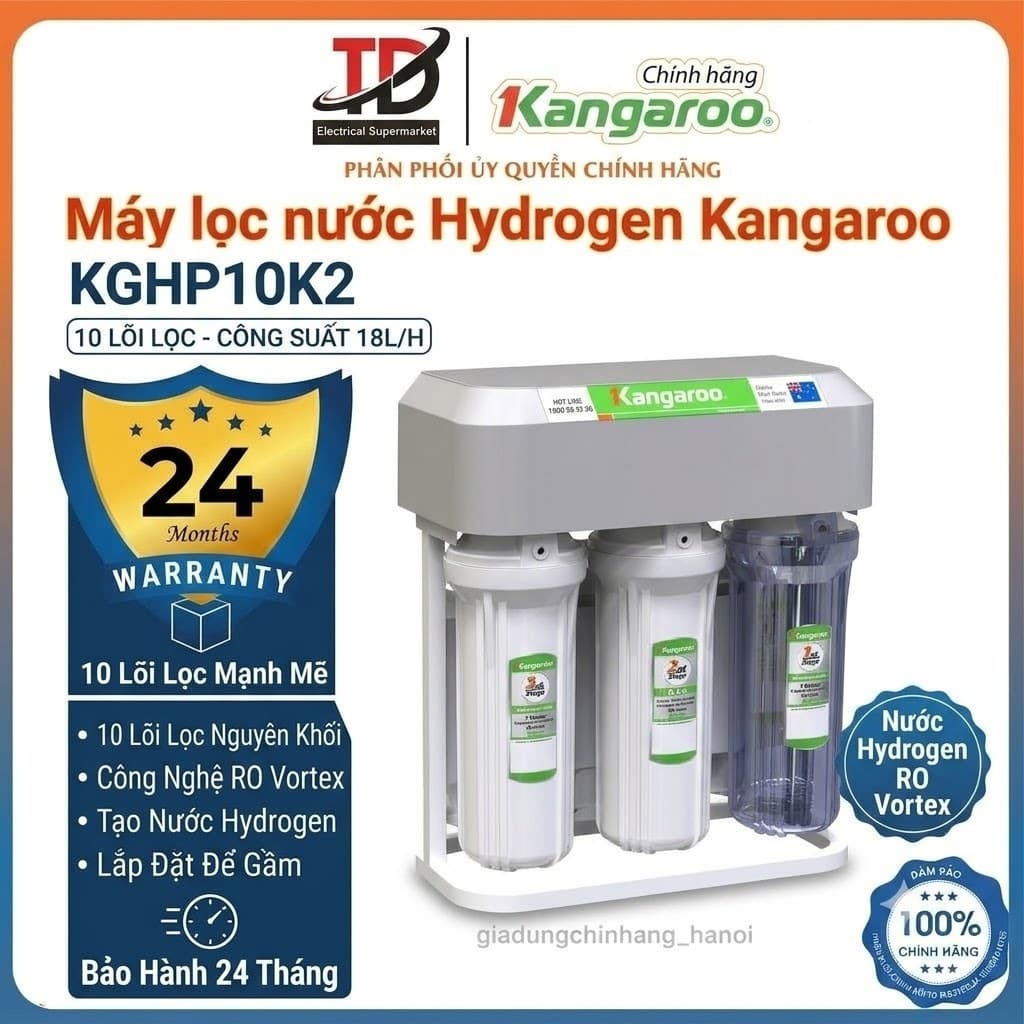 Máy Lọc Nước Hydrogen Kangaroo KGHP10K2 10 Lõi Để Gầm, RO Vortex, Tạo Hydrogen, 18L/H, Bình 7L, Bảo Hành 24 Tháng