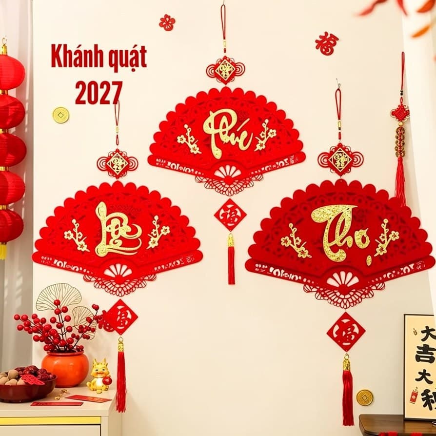 Combo 3 chữ Phúc-Lộc-Thọ hình quạt hình thoi, khánh treo tết ý nghĩa, câu đối trang trí Tết 2027 tặng mơc treo