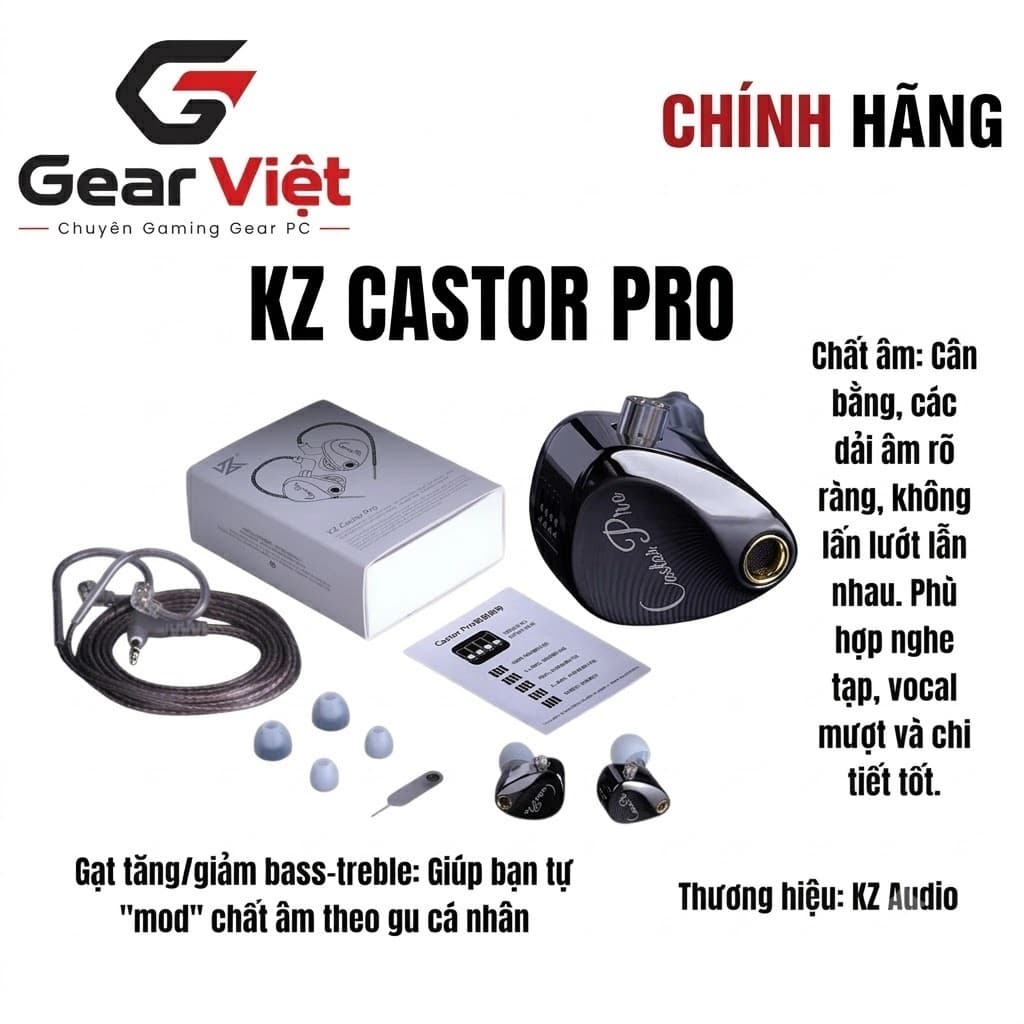 (GearViet) Tai nghe nhét tai IEM KZ Castor Pro  Driver Dynamic (10mm + 10mm) xếp chồng, âm thanh nổi HIFI