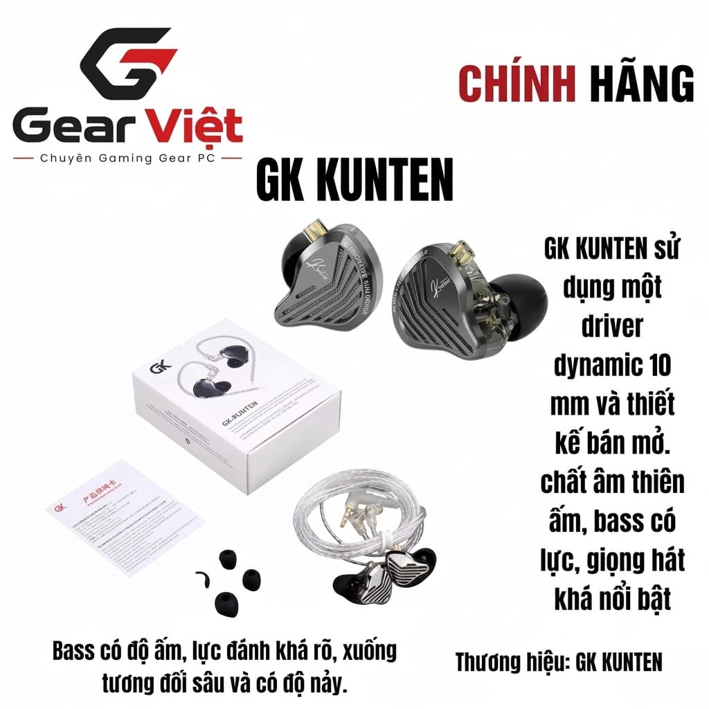 (Gear Việt) Tai nghe nhét tai In Ear IEM GK KUNTEN HiFi tần số siêu rộng, cáp 2PIN thay thế