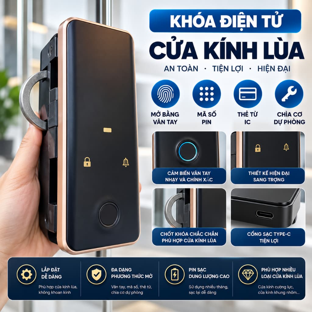 Khóa Điện Tử Cửa Kính Lùa KL02 TTLOCK THÔNG MINH TIẾNG VIỆT – Khóa Vân Tay Cửa Kính Cường Lực Trượt , Mã Số, Thẻ Từ
