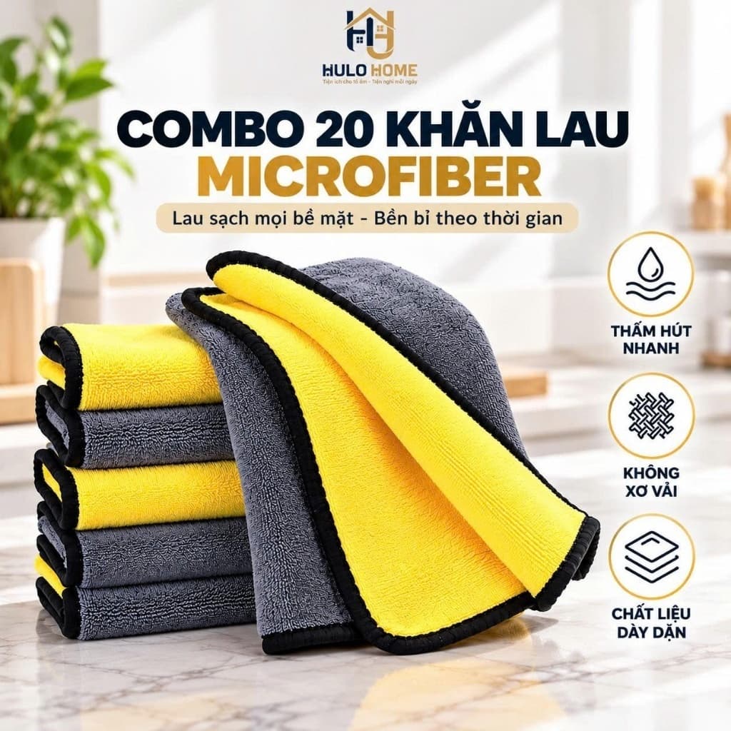 Set 20 Khăn Lau Đa Năng Microfiber 2 Mặt Siêu Thấm Hút Dày Dặn Không Xù Lông Lau Ô Tô Nhà Bếp Kính Bàn Ghế