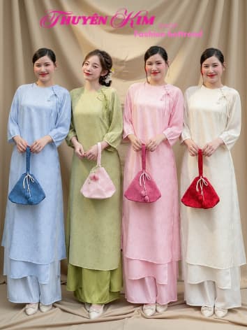 Set áo dài Tết 2027 Ren dập hai tà phối quần Tuyết Nhung cao cấp thanh lịch duyên dáng nữ tính đi lễ chùa