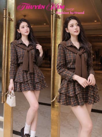 Đầm váy ngắn thiết kế công sở chất Kate Caro kiểu sơ mi tầng tay dài phối khăn choàng cổ kèm nịt xinh