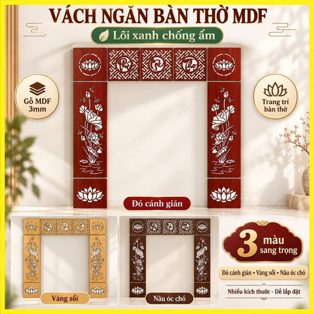 Bộ 9 Tấm Vách Gỗ MDF Lõi Xanh Chống Ẩm Trang Trí Bàn Thờ Cắt Laser Gắn Tường, Nhiều Màu Kích Thước