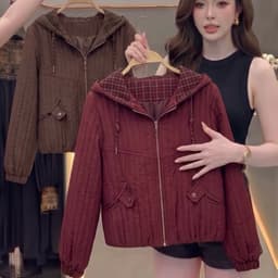 Áo Khoác Gió Nữ Chần Bông Có Mũ Lót Kẻ Trám - Áo Jacket Thu Đông Dáng Suông Nhẹ Nhàng 2 (50-60kg) 2