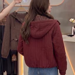 Áo Khoác Gió Nữ Chần Bông Có Mũ Lót Kẻ Trám - Áo Jacket Thu Đông Dáng Suông Nhẹ Nhàng 2 (50-60kg) 3