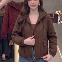Áo Khoác Gió Nữ Chần Bông Có Mũ Lót Kẻ Trám - Áo Jacket Thu Đông Dáng Suông Nhẹ Nhàng 2 (50-60kg) 1
