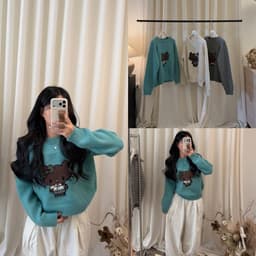 𝟏𝟒𝐚𝐦.𝐬𝐭𝐮𝐝𝐢𝐨 | Áo Len Nữ Cổ Tròn Dệt Kim Họa Tiết Hello Kitty Nơ Đáng Yêu Dáng Rộng Phong Cách Hàn Quốc Mặc Thu Đông 2