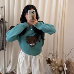 𝟏𝟒𝐚𝐦.𝐬𝐭𝐮𝐝𝐢𝐨 | Áo Len Nữ Cổ Tròn Dệt Kim Họa Tiết Hello Kitty Nơ Đáng Yêu Dáng Rộng Phong Cách Hàn Quốc Mặc Thu Đông 4