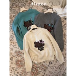 𝟏𝟒𝐚𝐦.𝐬𝐭𝐮𝐝𝐢𝐨 | Áo Len Nữ Cổ Tròn Dệt Kim Họa Tiết Hello Kitty Nơ Đáng Yêu Dáng Rộng Phong Cách Hàn Quốc Mặc Thu Đông 9