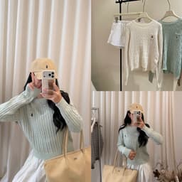𝟏𝟒𝐚𝐦.𝐬𝐭𝐮𝐝𝐢𝐨 | Áo Len Nữ Cổ Tròn Dệt Kim Vặn Thừng Có Túi Ngực Thêu Logo Polo Hàn Quốc Dày Dặn Mặc Thu Đông 2