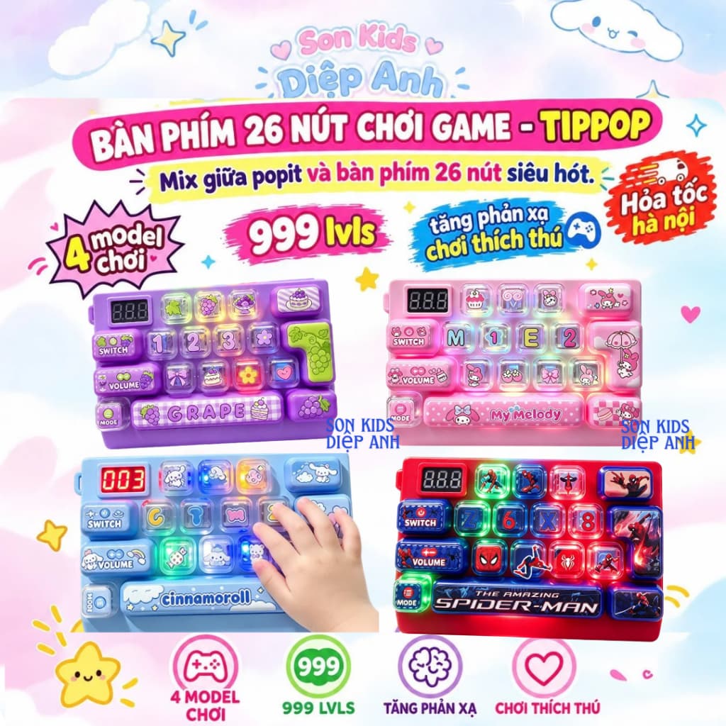 [TẶNG PIN bạn tiết kiềm được 10 k] có đèn Bàn phím chơi game TIPPPOP 26 nút cho bé 4 model chơi có ánh sáng Giảm Stress
