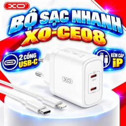 Bộ Sạc Nhanh XO Việt Nam CE08 50W 2 Cổng C – Sạc Siêu Tốc PD, Kèm Dây C to IOS| XO CE08 EU 1