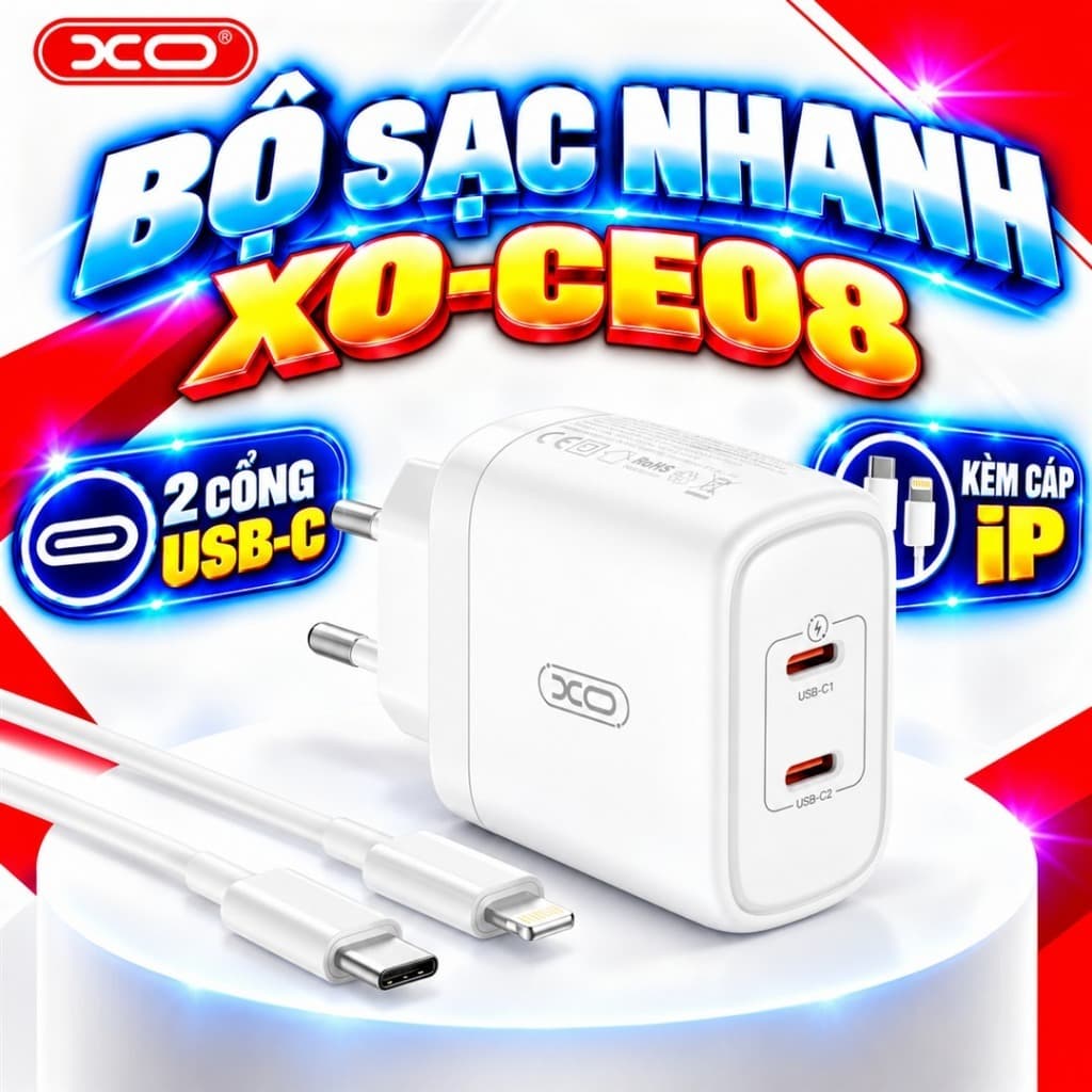 Bộ Sạc Nhanh XO Việt Nam CE08 50W 2 Cổng C – Sạc Siêu Tốc PD, Kèm Dây C to IOS| XO CE08 EU
