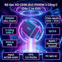 Bộ Sạc Nhanh XO Việt Nam CE08 50W 2 Cổng C – Sạc Siêu Tốc PD, Kèm Dây C to IOS| XO CE08 EU 2