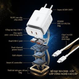Bộ Sạc Nhanh XO Việt Nam CE08 50W 2 Cổng C – Sạc Siêu Tốc PD, Kèm Dây C to IOS| XO CE08 EU 6