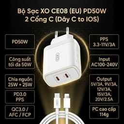 Bộ Sạc Nhanh XO Việt Nam CE08 50W 2 Cổng C – Sạc Siêu Tốc PD, Kèm Dây C to IOS| XO CE08 EU 7