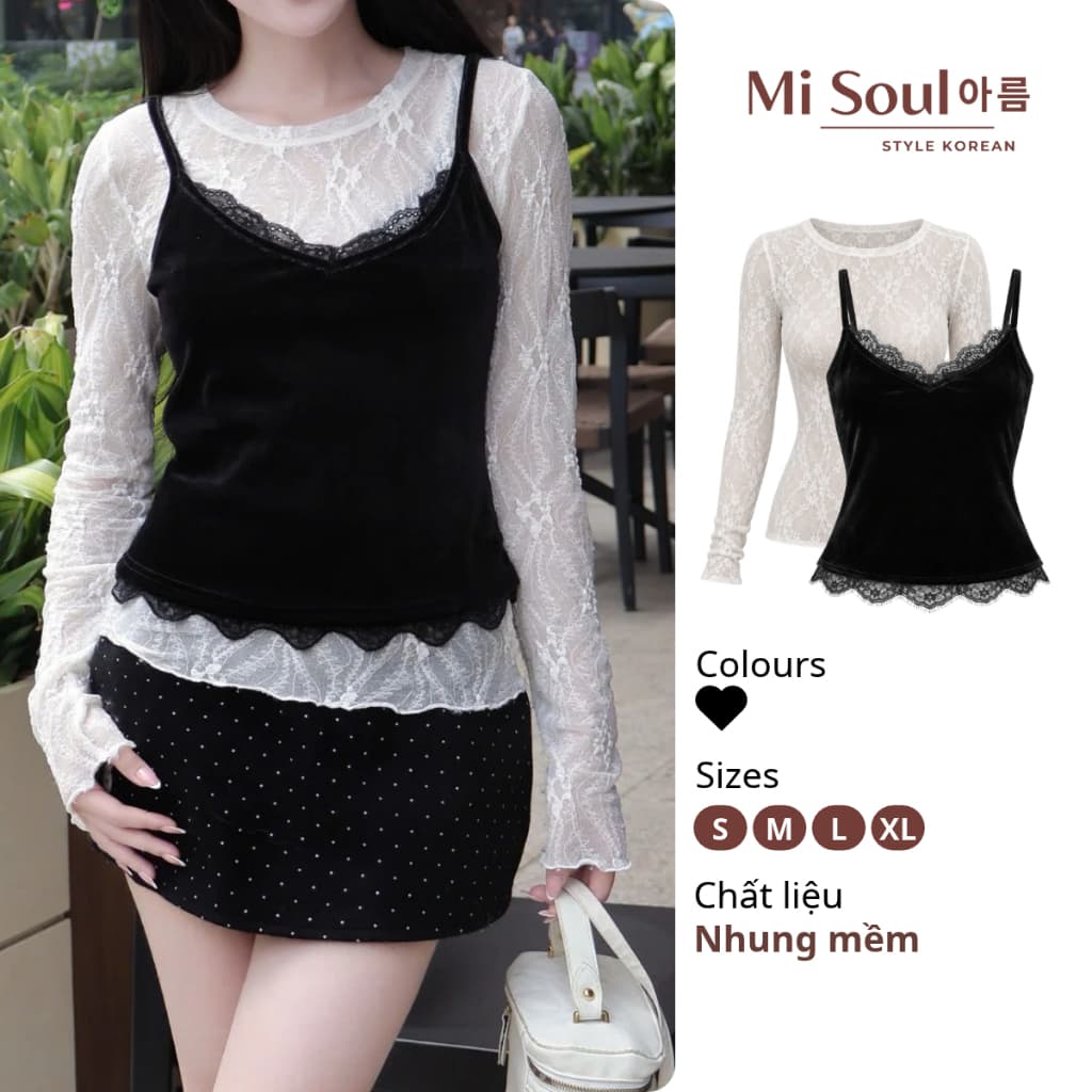 Set Áo Hai Dây Nhung Viền Ren Phối Áo Ren Cổ Tròn Nữ Tính, Áo Nhung Mềm Một Lớp Thu Đông