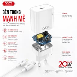 Bộ sạc nhanh XO Việt Nam CE15 – Công suất PD 20W, kèm cáp Type C sang IOS chống cháy, phích cắm EU nhỏ gọn | XO CE15 5