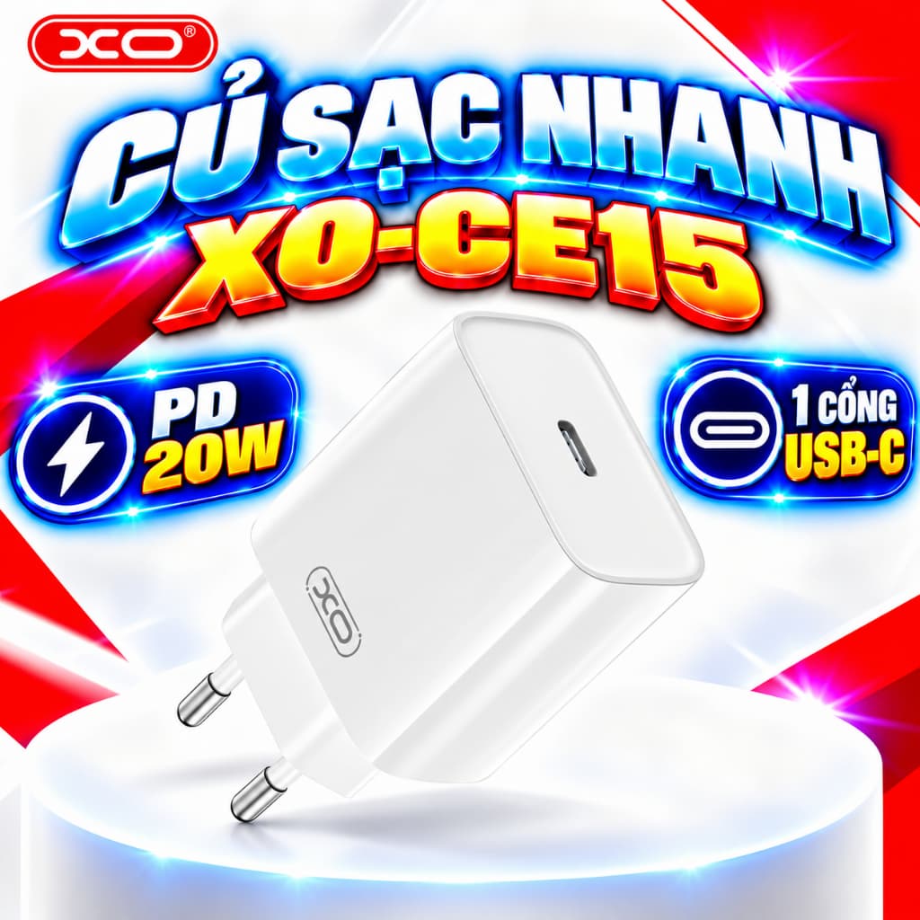 Bộ sạc nhanh XO Việt Nam CE15 – Công suất PD 20W, kèm cáp Type C sang IOS chống cháy, phích cắm EU nhỏ gọn | XO CE15