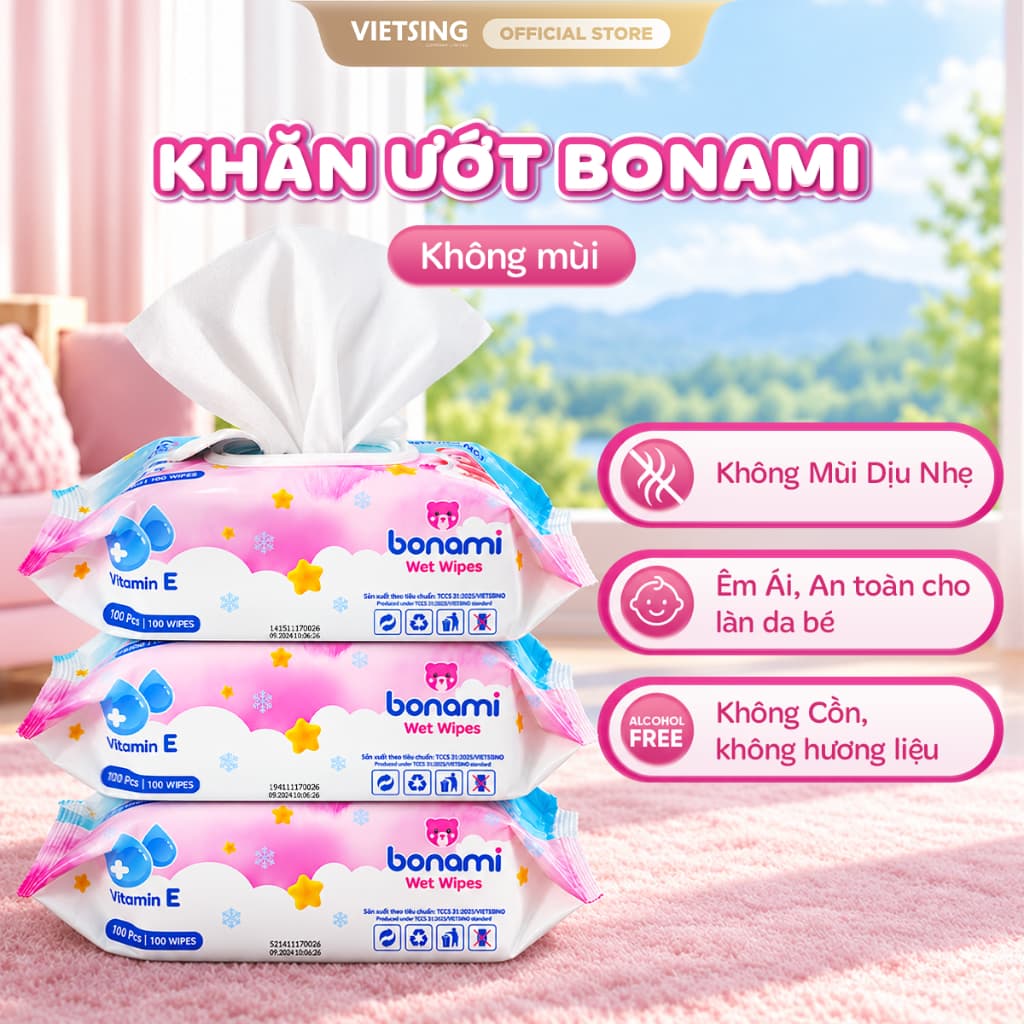 [HÀNG MỚI VỀ] Khăn Ướt Bonami Gói 100 Tờ KHÔNG MÙI Chính Hãng, Êm Ái, An Toàn Cho Làn Da Bé