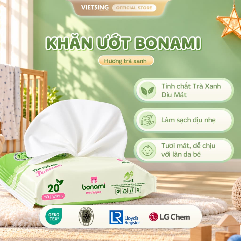 [HÀNG MỚI VỀ] Khăn Ướt Bonami Gói 20 Tờ Mùi Hương Trà Xanh Chính Hãng, Tươi Mát, Dễ Chịu, An Toàn Cho Làn Da Bé