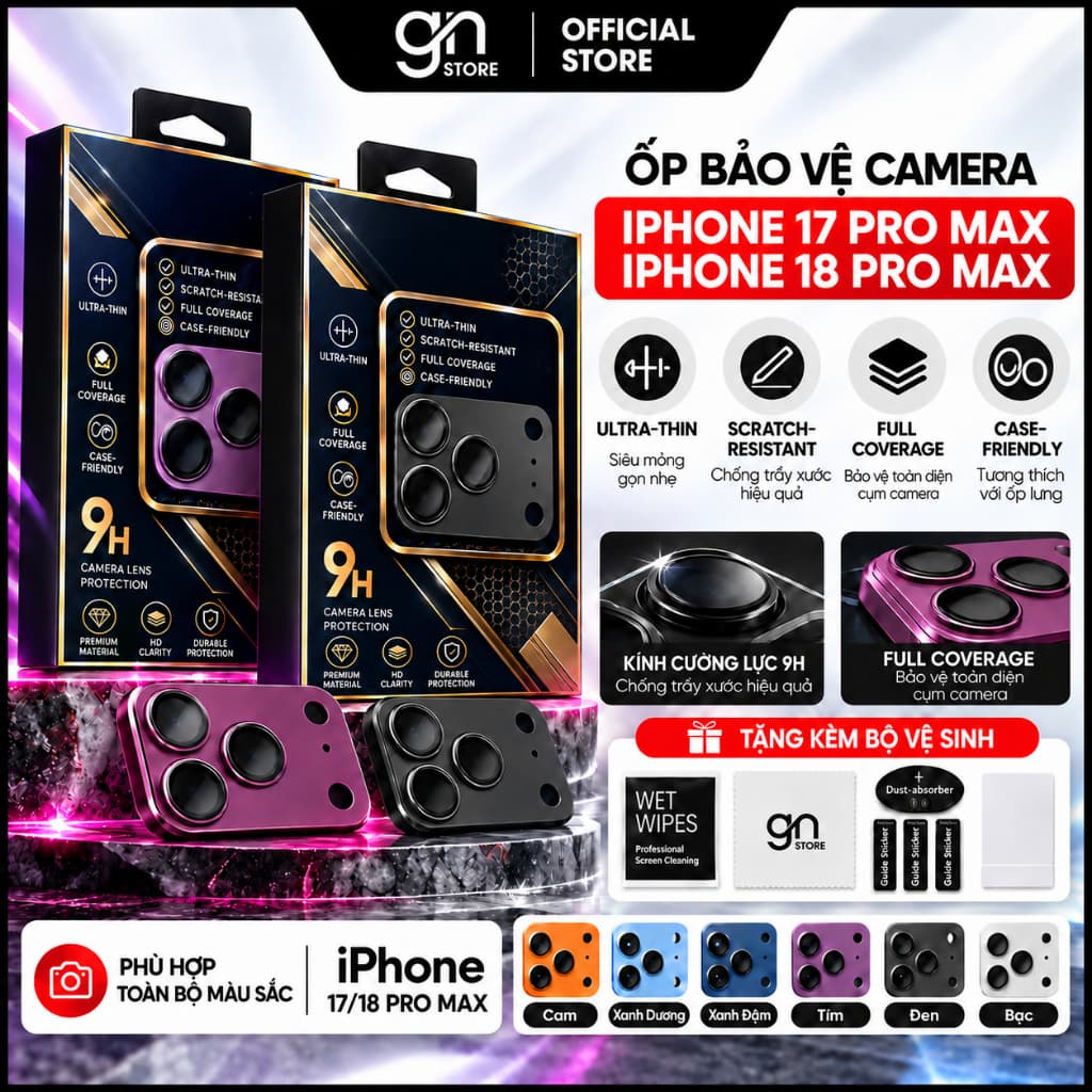 Kính cường lực bảo vệ camera cho iPhone 18 Promax, 18 Pro, 17 Promax, 17 Pro chống trầy xước, va đập tốt - GN STORE
