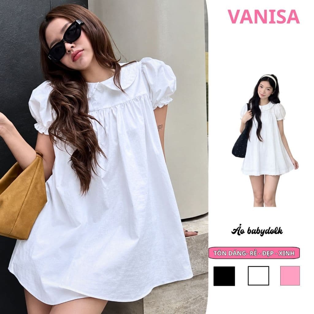 Set Váy Nữ Dáng Ngắn Babydoll Cổ Sen Tay Phồng Form Rộng Kèm Quần Trắng Tinh Khôi VANISA VKQ99