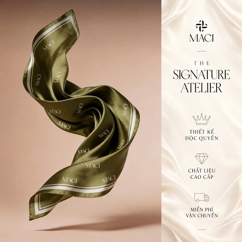 Khăn Lụa Vuông Màu Olive Họa Tiết Logo MACI MACI MCPKLKE0443