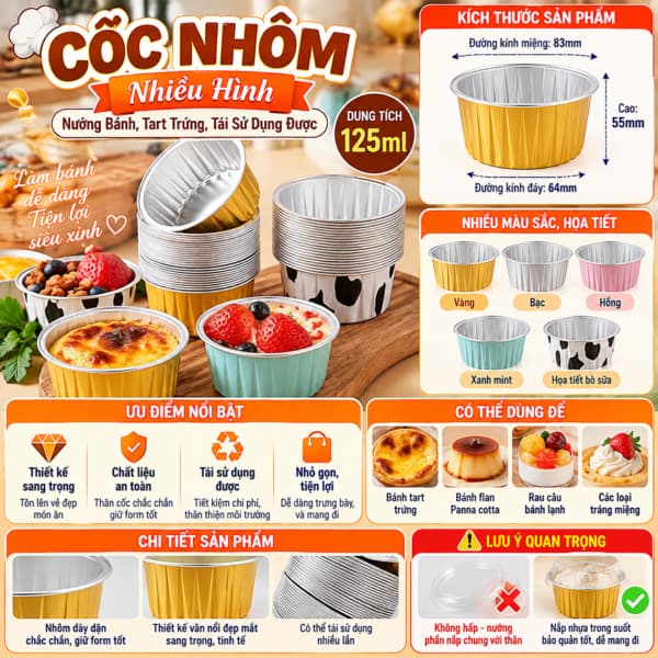 Cốc Nhôm Nhiều Hình Nướng Bánh, Tart Trứng 125ml và Set 250 Chén Giấy Bạc