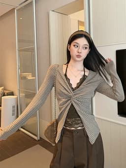 ENEN Áo Thun Nữ Tay Dài Phối Cổ Yếm Ren Hai Lớp Ôm Dáng Phong Cách Hàn Quốc 11524 4