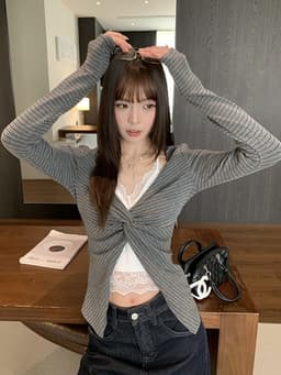 ENEN Áo Thun Nữ Tay Dài Phối Cổ Yếm Ren Hai Lớp Ôm Dáng Phong Cách Hàn Quốc 11524 8