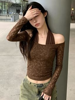 ENEN Áo Thun Nữ Tay Dài Phối Cổ Yếm Ren Ôm Dáng Phong Cách Hàn Quốc 11536 10