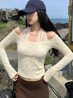 ENEN Áo Thun Nữ Tay Dài Phối Cổ Yếm Ren Ôm Dáng Phong Cách Hàn Quốc 11536 6